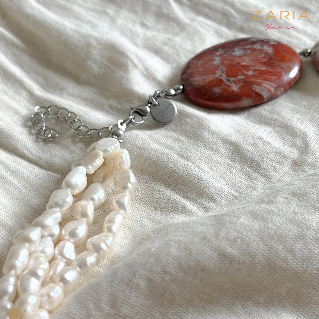 Necklace PEARLS, RED JASPER