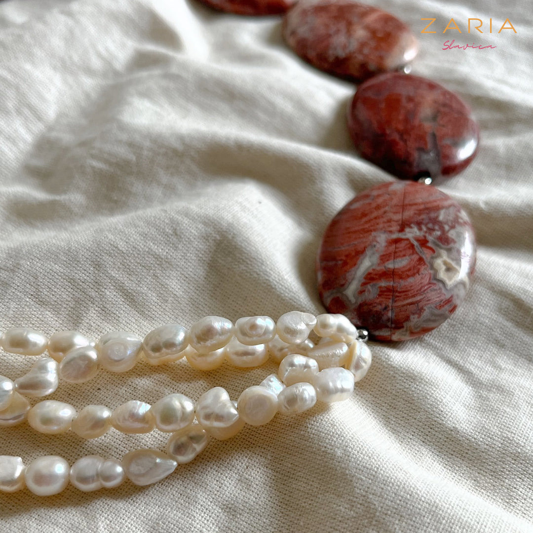 Necklace PEARLS, RED JASPER