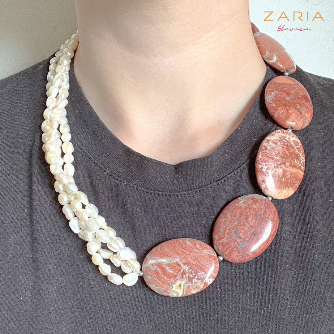 Necklace PEARLS, RED JASPER