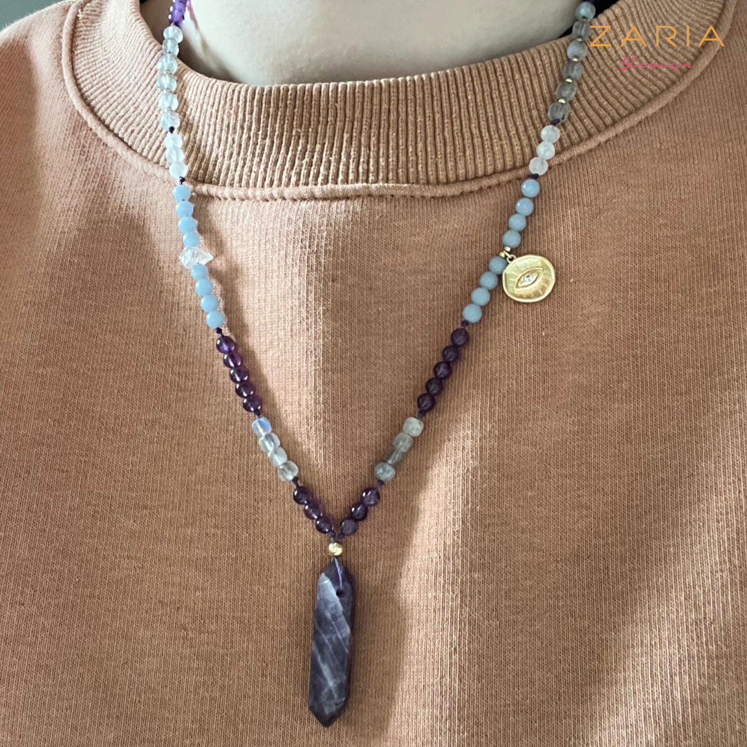 Necklace AMETHYST, MOONSTONE, CLEAR QUARTZ, ANGELITE, LABRADORITE