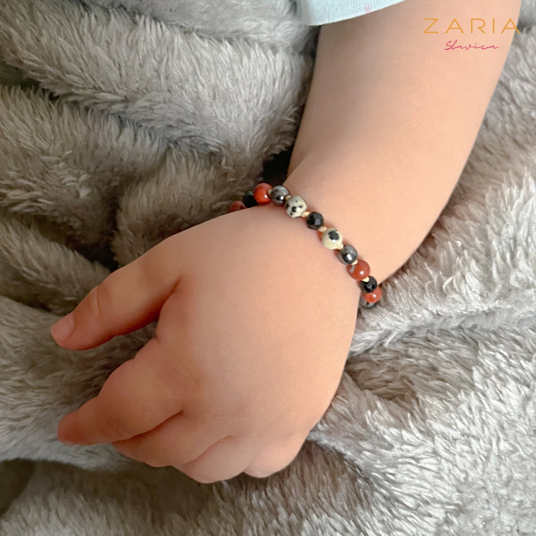 Children’s Bracelet HEMATITE, RED JASPER, BLACK TOURMALINE, DALMATIAN JASPER